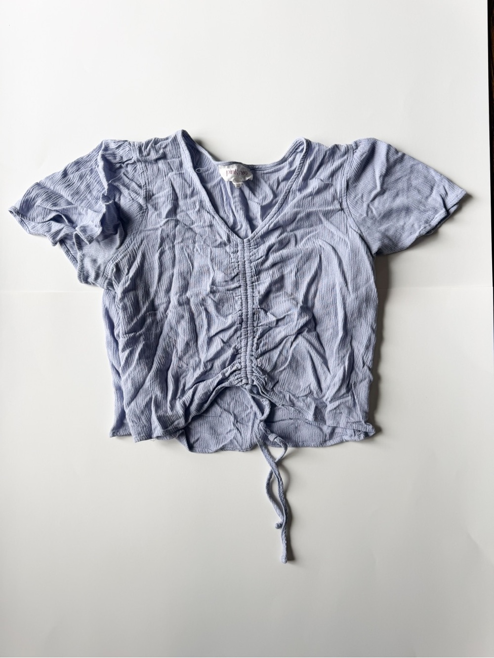 Pink Rose Light Blue V-Neck Ruched Crop Top